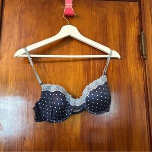 Aerie Bra Satin Navy Blue White Polka Dot Hannah 36B Lace Trim Wired
